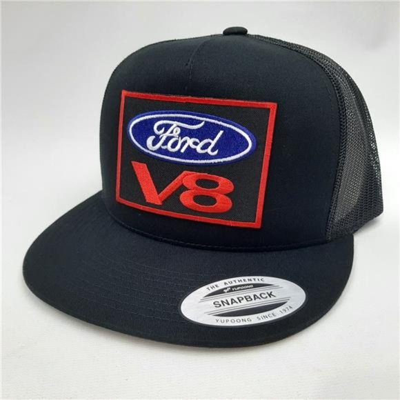 F150 Retro Mustan Ford V8 Embroidered Patch Black Flat Bill Trucker Mesh Cap Hat - Picture 2 of 5